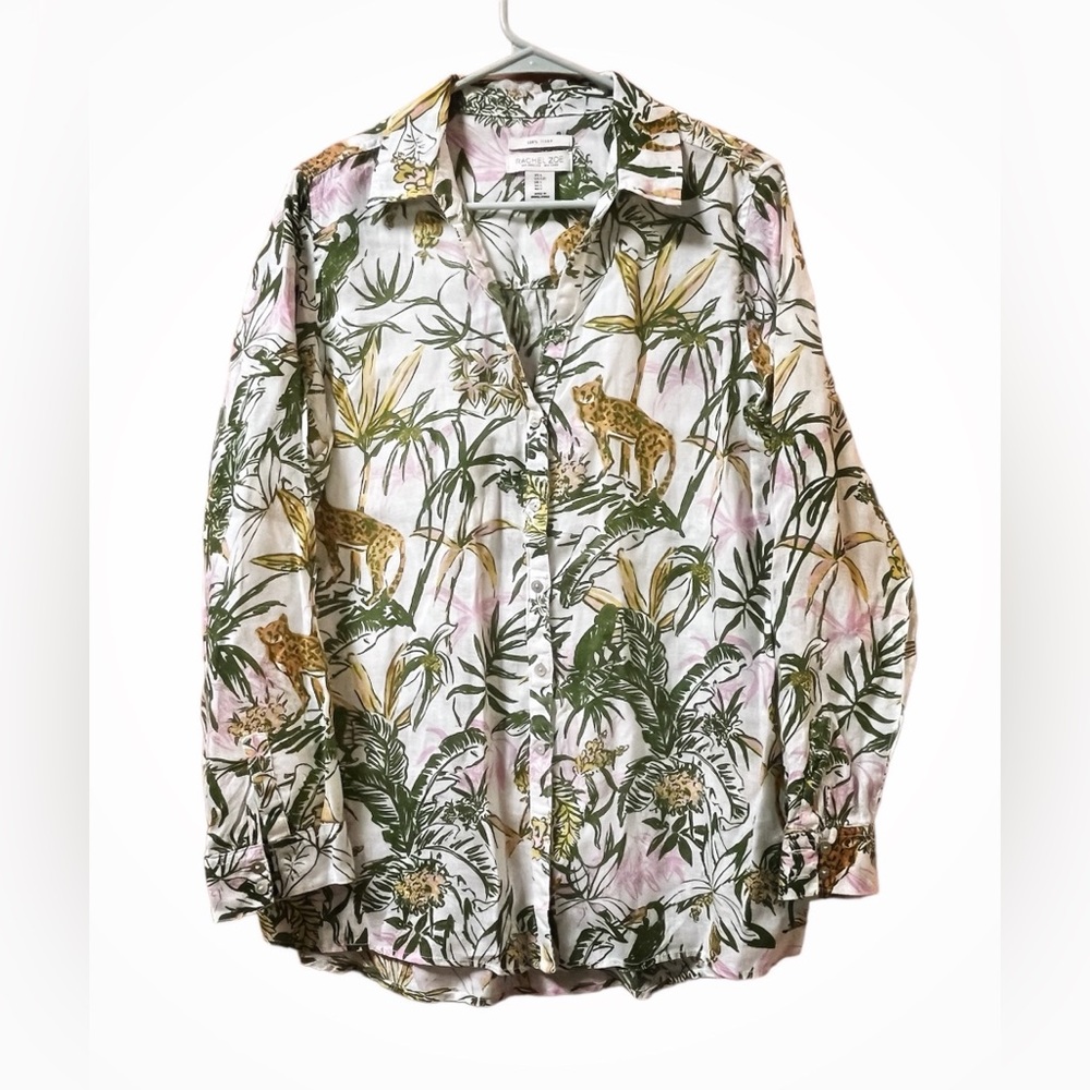 Rachel Zoe ‎ LINEN Women’s Blouse Long Sleeve Button Down Palm Print Sz L